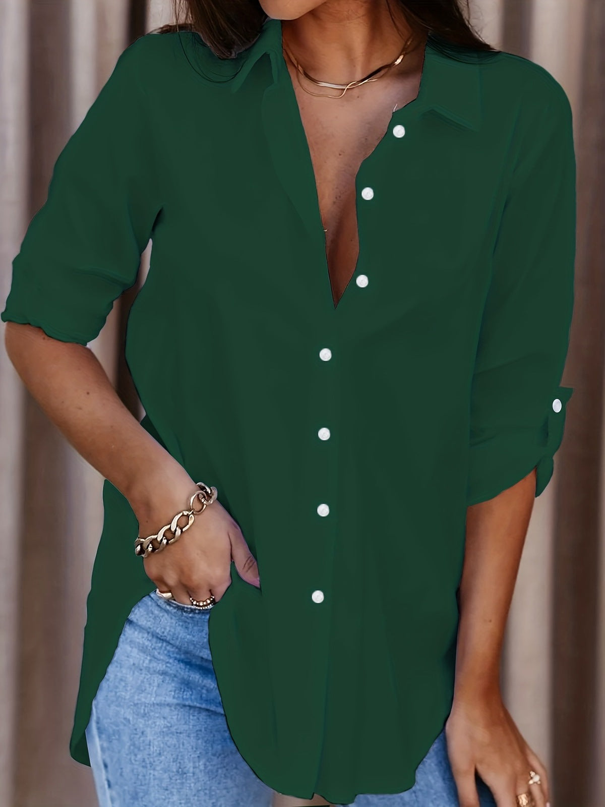 Blusa informal sencilla de manga larga con solapa en color liso para mujer