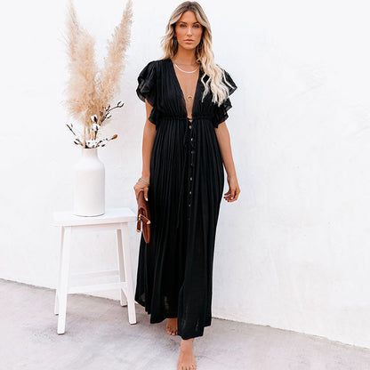 Traje de baño de playa informal holgado con cuello en V y manga corta de color liso para mujer
