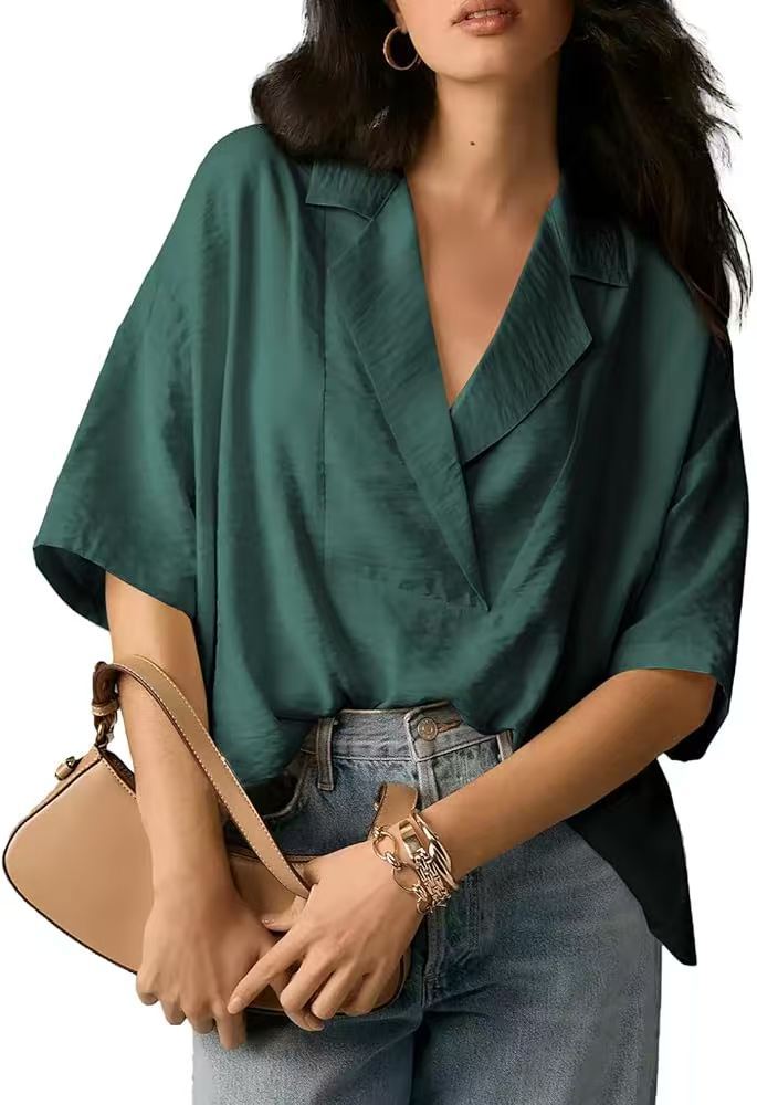Women Fashion Casual Solid Color Lapel Short-Sleeve Loose Crop Top
