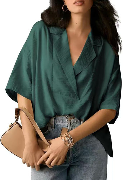 Women Fashion Casual Solid Color Lapel Short-Sleeve Loose Crop Top