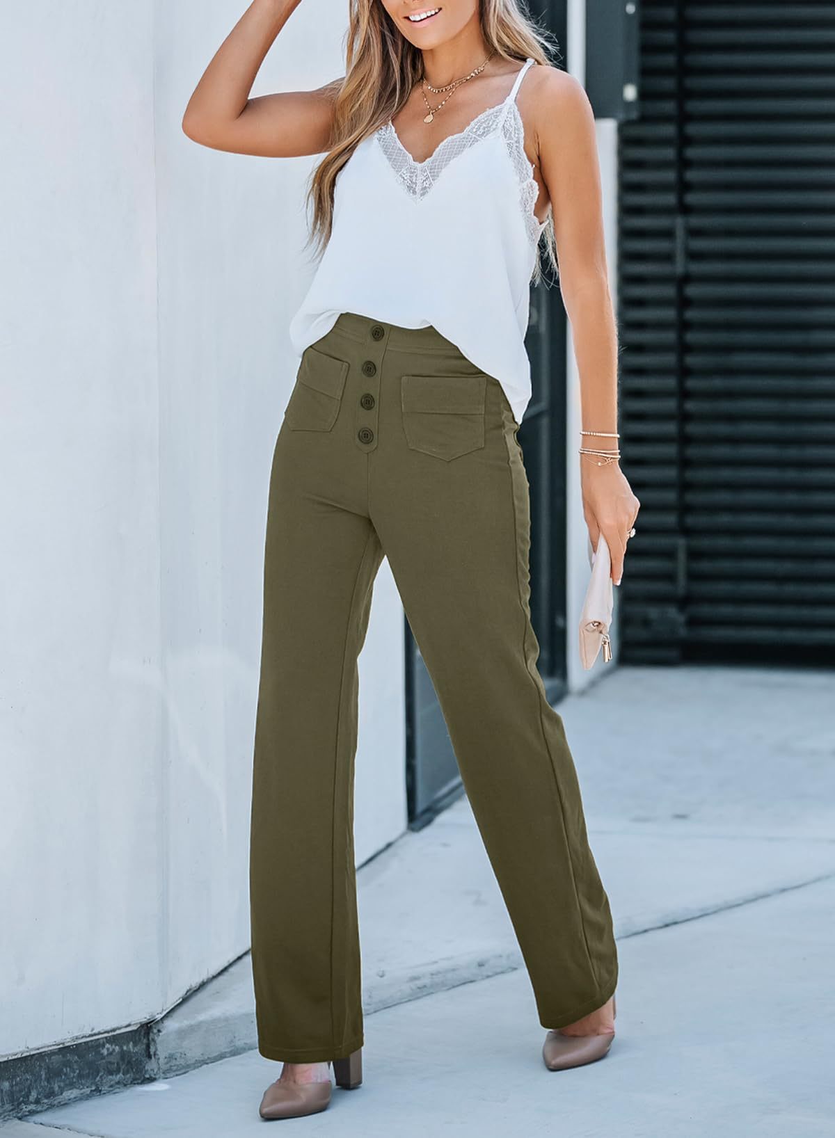 Fashion Women Casual Straight High Waist Button Elastic Multiple Pockets Pants