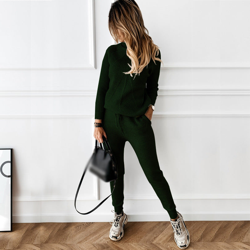 Conjunto de suéter y pantalón de punto de color liso para mujer, informal, de invierno