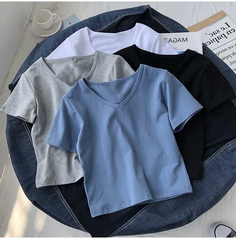 Camiseta básica informal de manga corta con cuello en V y color liso para mujer