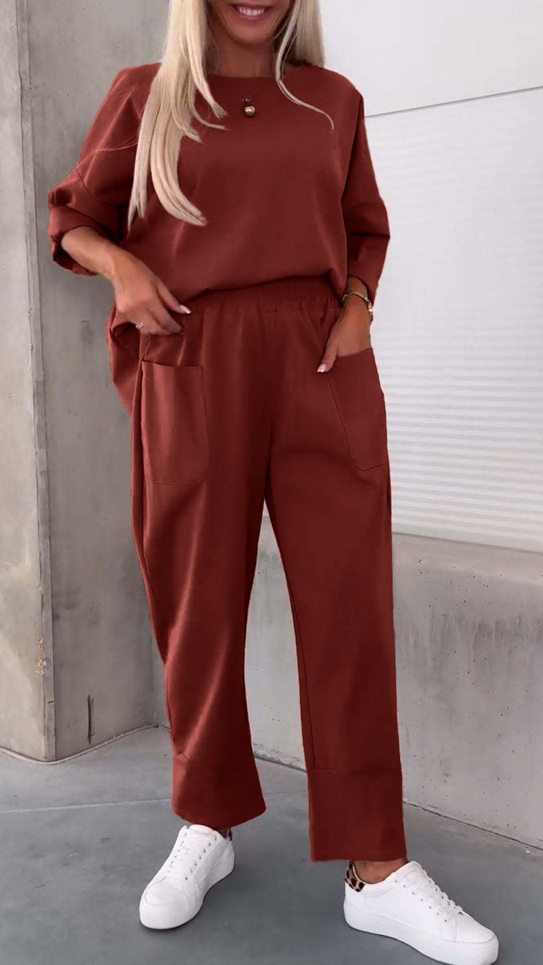 Autumn Winter Women Casual Solid Color Round Neck Long Sleeve Top Pocket Pants Two-Piece Set