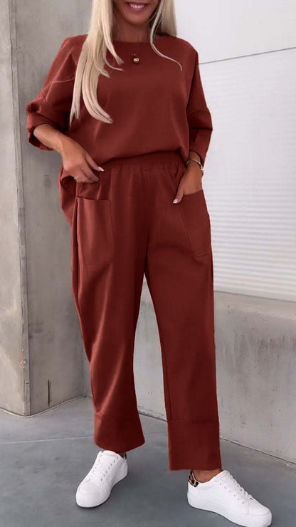 Autumn Winter Women Casual Solid Color Round Neck Long Sleeve Top Pocket Pants Two-Piece Set