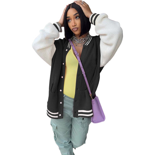 Chaqueta de punto con botonadura sencilla y bloques de color, informal, a la moda para mujer