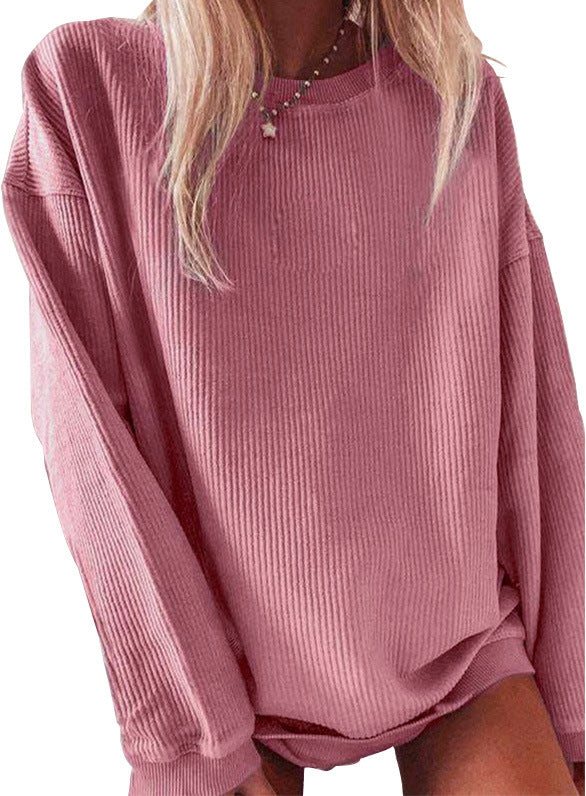 Sudadera informal de manga larga con cuello redondo y color liso para mujer