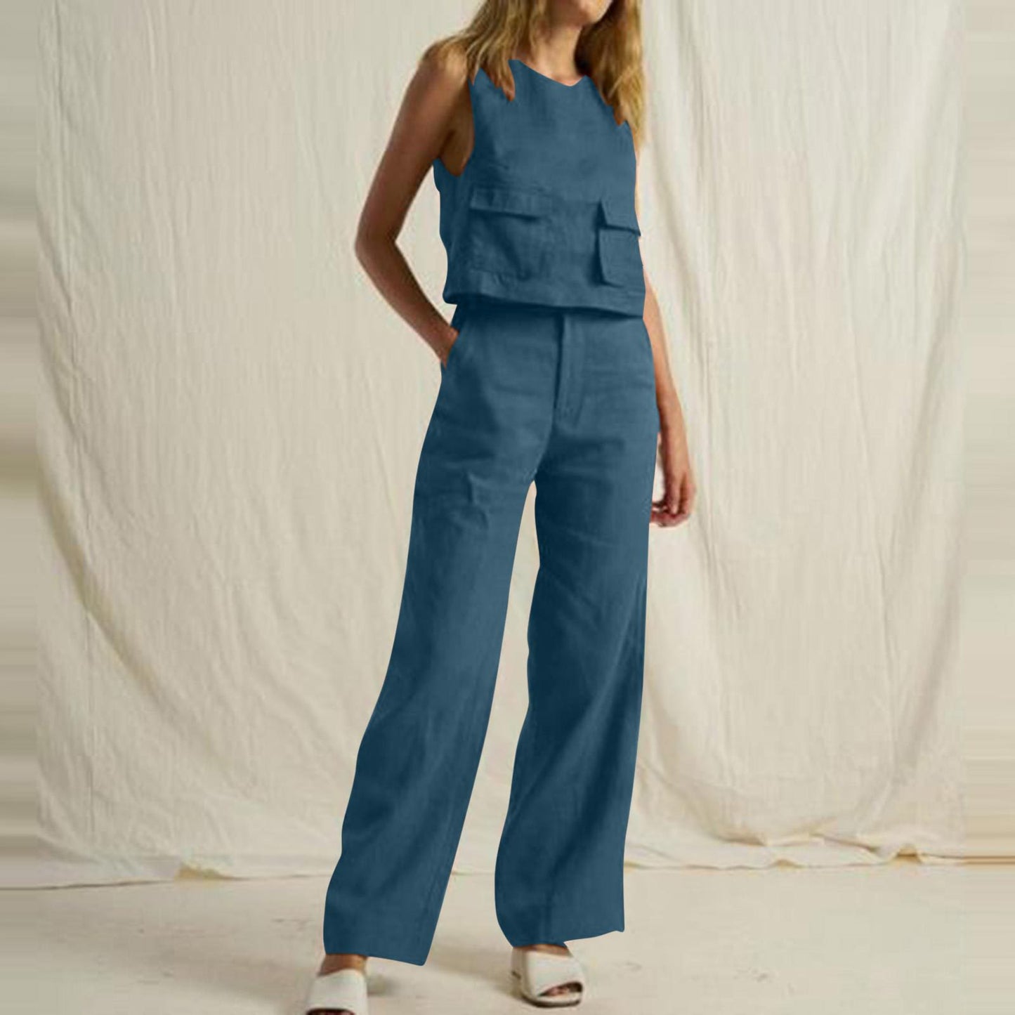 Conjunto de dos piezas informal de moda para mujer, sencillo, de color sólido, sin mangas, con bolsillos y pantalones