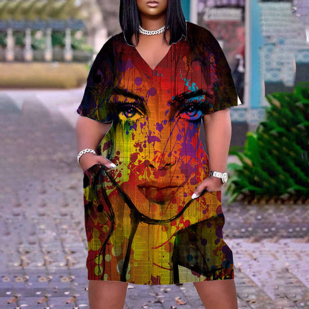 Women Casual Graffiti Printed Vintage 3D Pocket Loose Plus Size Dress