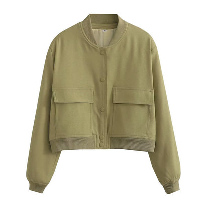 Chaqueta informal de manga larga con bolsillos de color liso a la moda para mujer