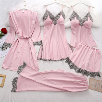 Conjunto de pijama de cinco piezas para mujer, elegante, informal, con bloques de color, de satén, sin mangas y pantalones cortos