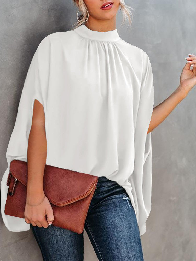 Blusa elegante informal holgada con mangas murciélago y cuello redondo para mujer, ideal para oficina y verano