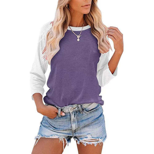 Women Fashion Casual Contrast Color Round Neck Long-Sleeve T-Shirt
