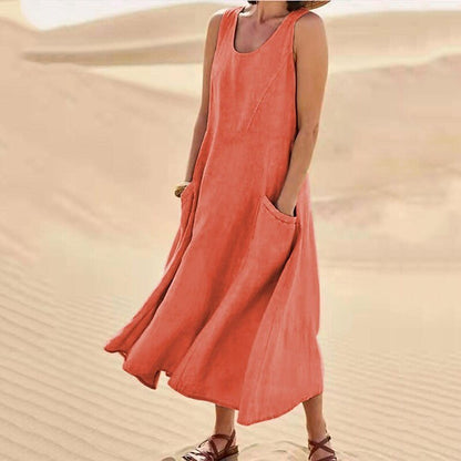 Summer Women Casual Solid Color Sleeveless Round Neck Pocket Cotton Linen Dress