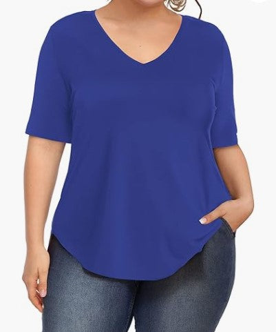 Summer Women Casual Plus Size Solid Color V-Neck Short-Sleeved T-Shirt
