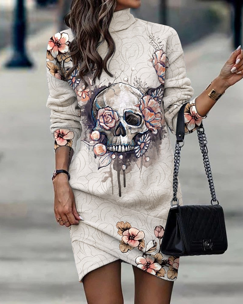 Winter Fashion Women Casual Skull Letter Printed Turtle Neck Long Sleeve Irregular Hemline Dress