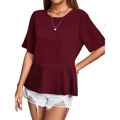 Blusa informal de mujer con cuello redondo, manga corta, dobladillo plisado y color liso