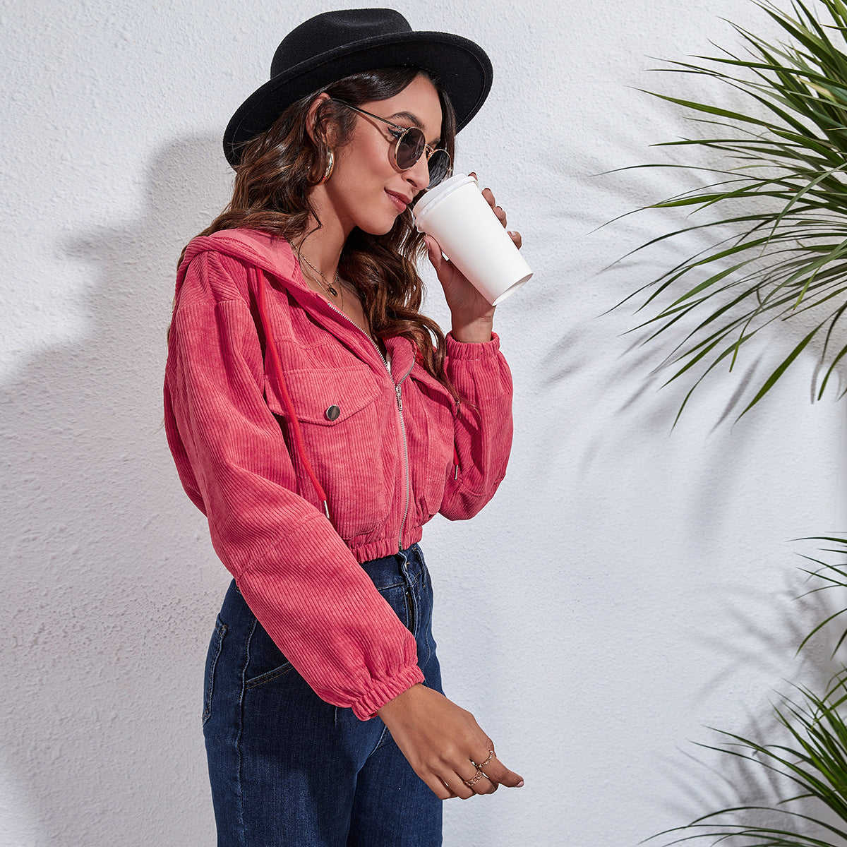 Women Autumn Casual Hoodie Corduroy Loose Long-sleeved Solid Color Crop Shacket