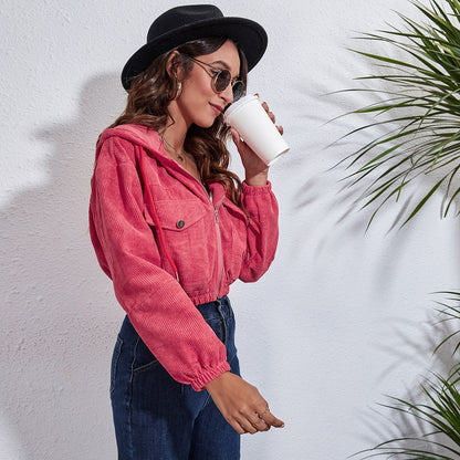 Women Autumn Casual Hoodie Corduroy Loose Long-sleeved Solid Color Crop Shacket