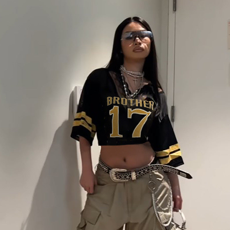 Camiseta informal holgada de encaje con estampado digital y manga corta con cuello en V para mujer