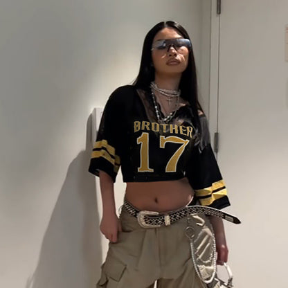 Camiseta informal holgada de encaje con estampado digital y manga corta con cuello en V para mujer