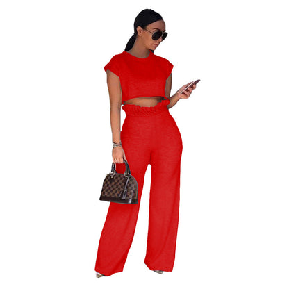Conjunto de dos piezas de pantalones de manga corta de color liso informal a la moda para mujer