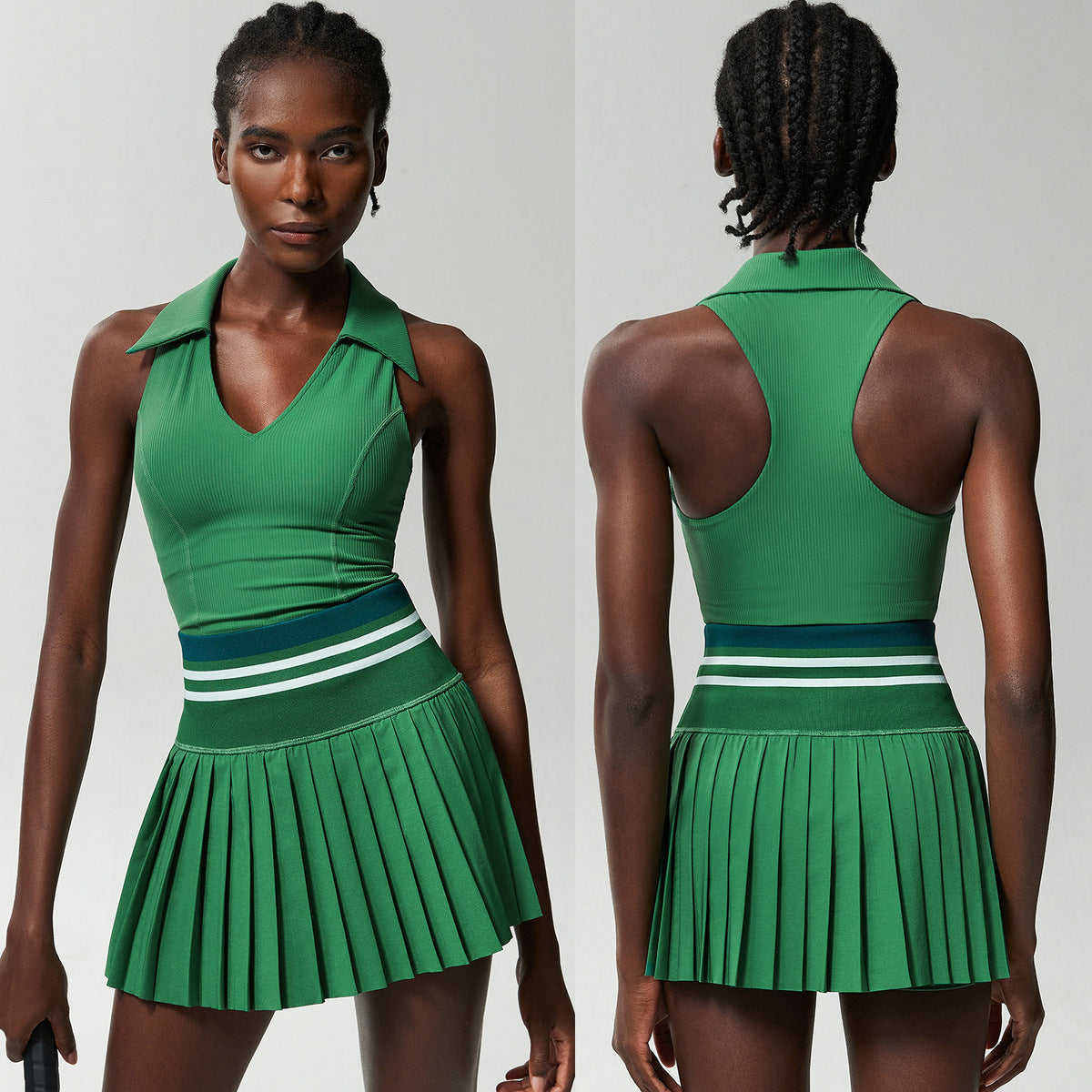 Conjunto de dos piezas para mujer, informal, con escote en V, sin mangas, deportivo, de tenis, con falda plisada y antideslizamiento