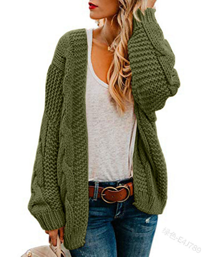Suéter cárdigan de punto suelto de color sólido de longitud media informal para mujer de moda de invierno y otoño