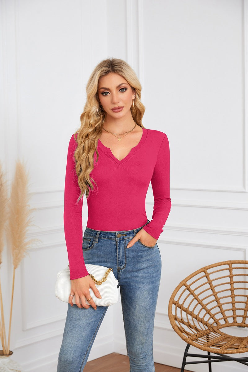 Women Fashion Casual Solid Color Strip Deep U-Neck Crossed Long-Sleeved T-Shirt