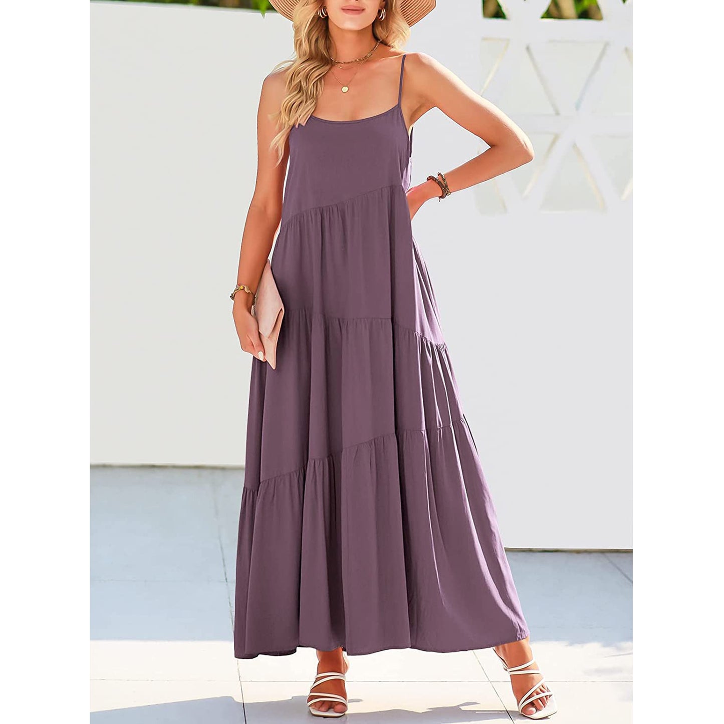 Women Fashion Casual Solid Color Sling Creased Maxi Dress