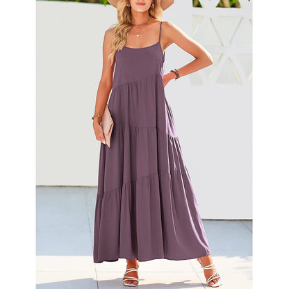 Women Fashion Casual Solid Color Sling Creased Maxi Dress