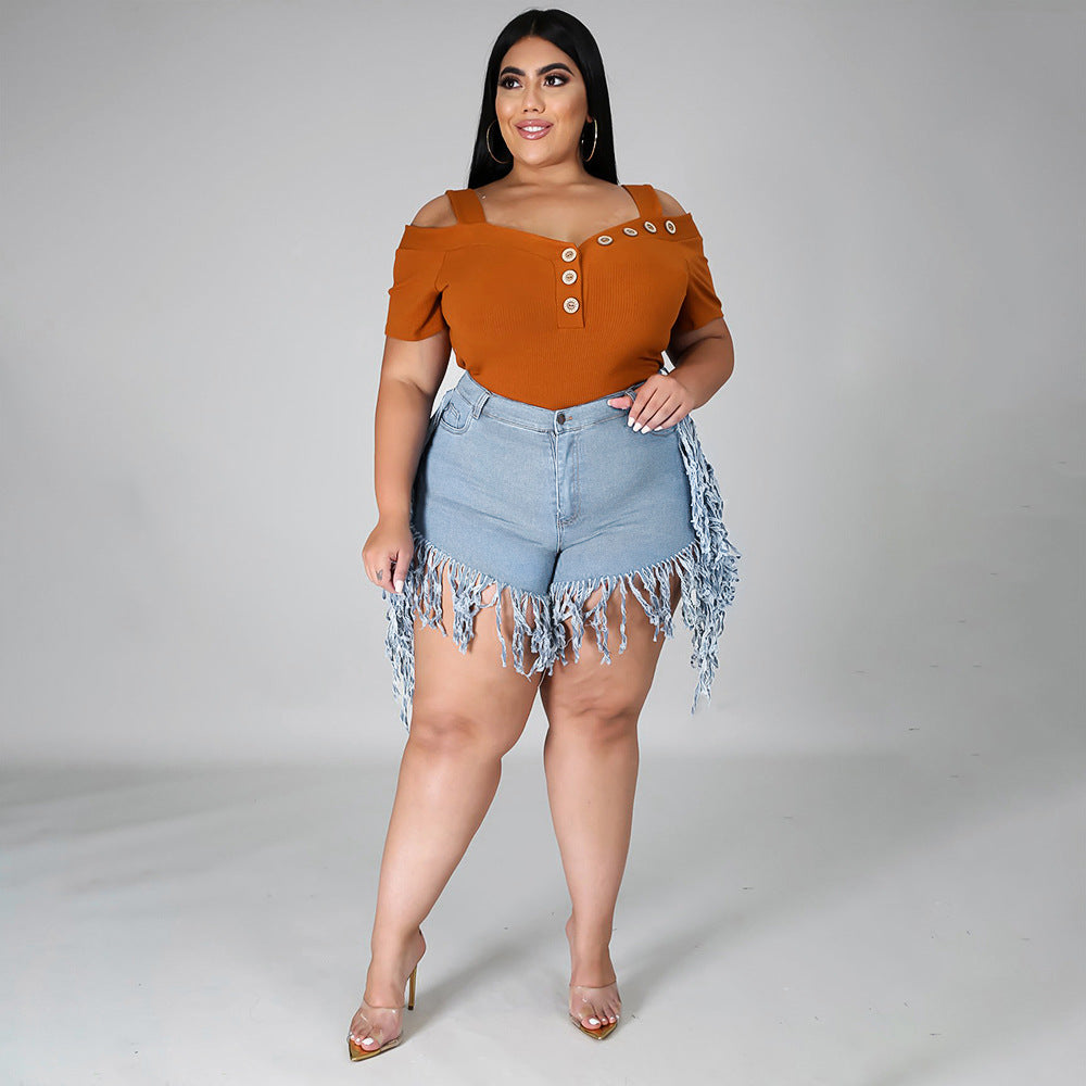 Women Fashion Casual Rothle Tassel Sanding Denim Shorts