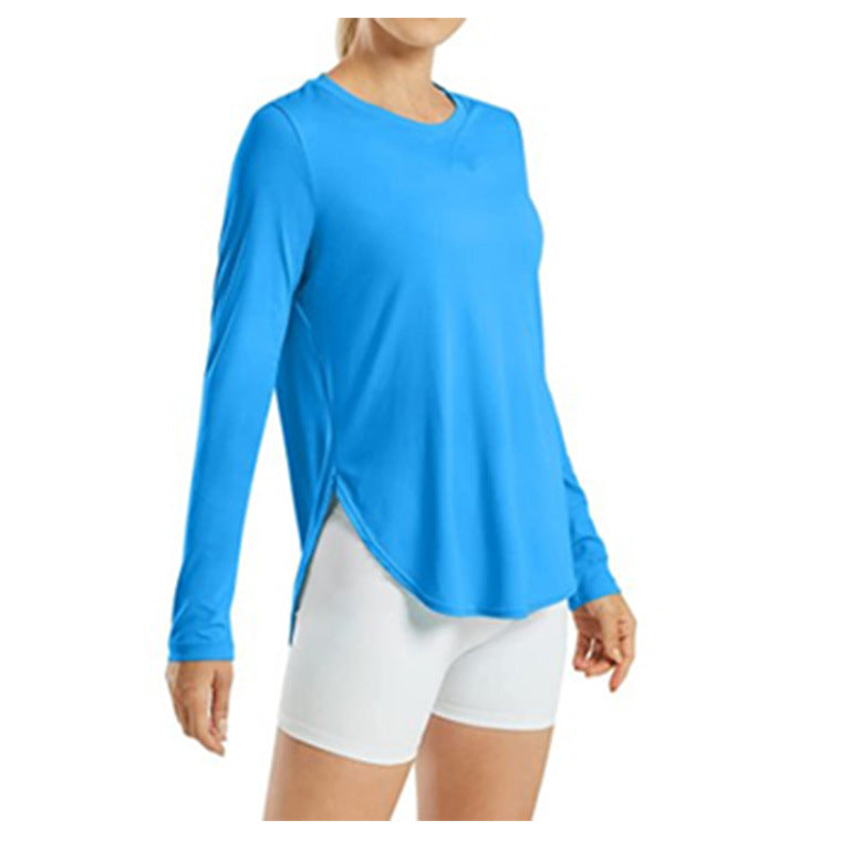 Camiseta informal holgada de manga larga con cuello redondo y color liso para mujer