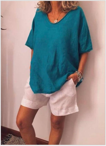 Camiseta informal de verano para mujer, color liso, cuello en V, manga corta, sin mangas