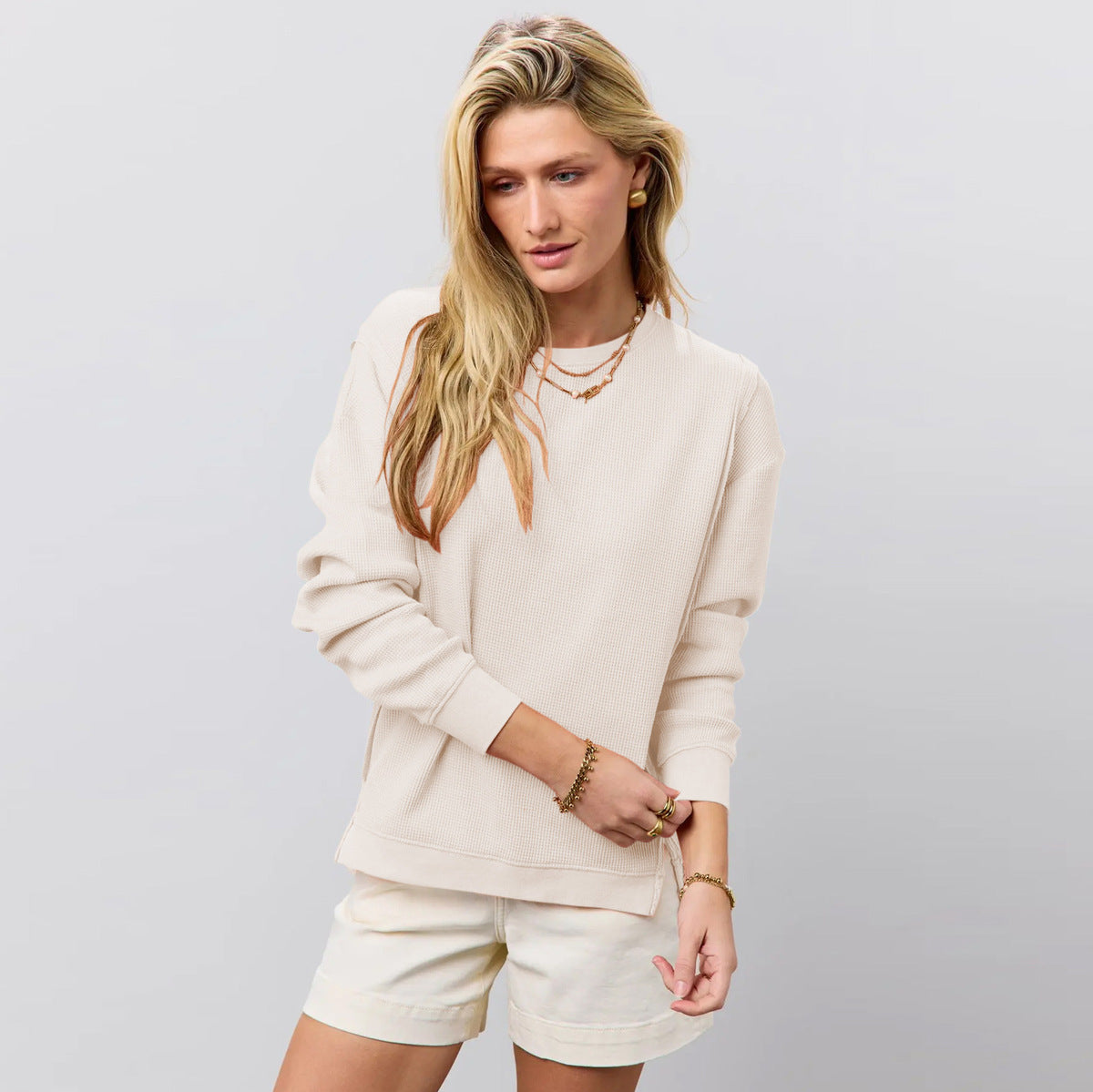 Autumn Women Fashion Casual Crewneck Long Sleeve Split Sweatshirt