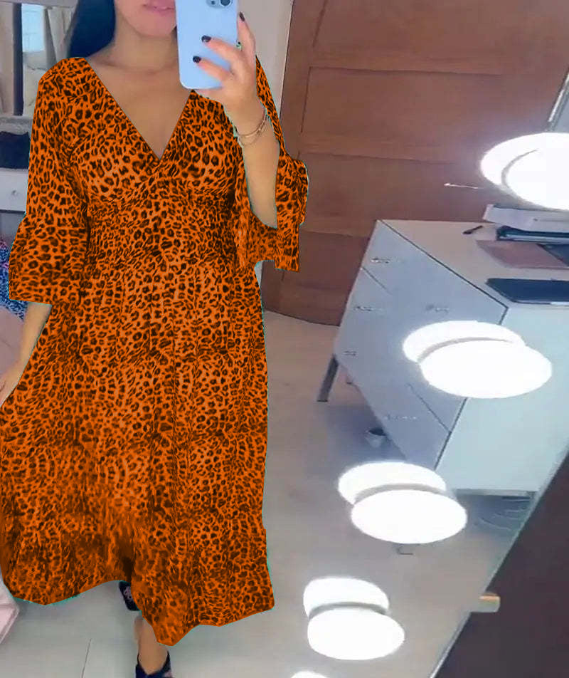 Vestido largo informal holgado estilo bohemio para mujer, elegante, de otoño, con escote en V profundo y estampado de leopardo para vacaciones en la playa