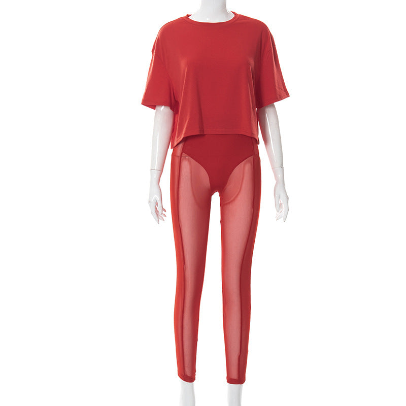 Conjunto deportivo de 2 piezas con pantalón y camiseta corta de malla Perspective para mujer, conjunto informal