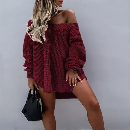 Autumn Winter Women Casual Loose Long-Sleeved Knitted Dress