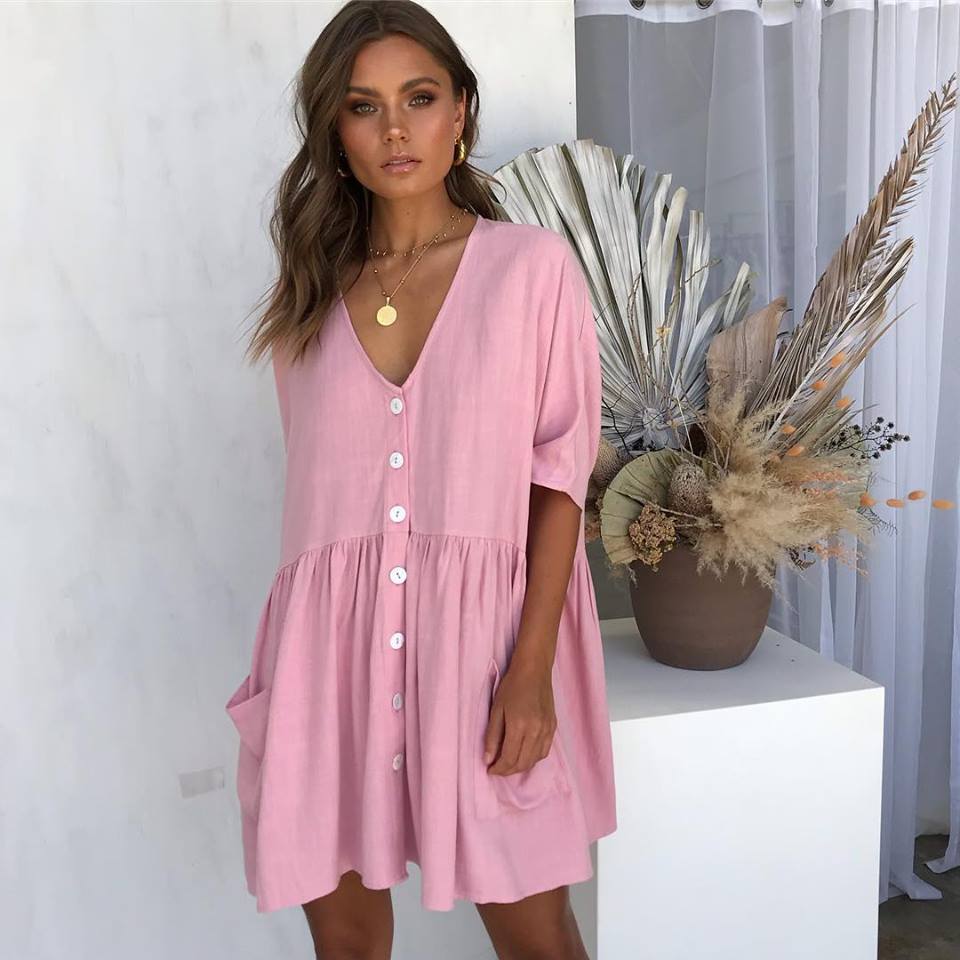 Vestido holgado informal de verano para mujer, con escote en V, botonadura sencilla y manga corta