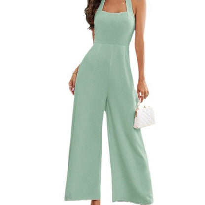 Women Simple Fashion Casual Halter Neck Backless Wide Leg Jumpsuits