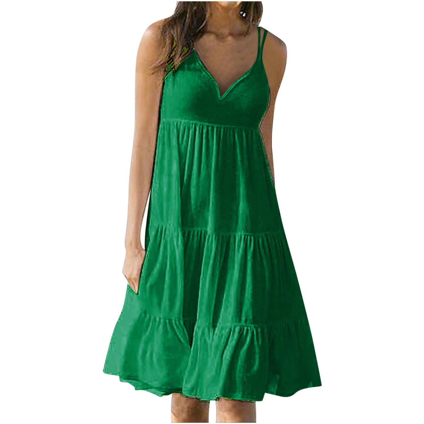 Vestido holgado informal de verano para mujer, con escote en V y tirantes finos, color liso