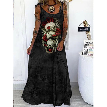 Vestido largo con estampado floral y calavera gótica informal de Halloween para mujer