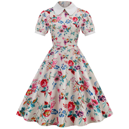 Women Vintage Summer Floral Printed Short-Sleeved Doll Collar Casual Large Swing Dress
