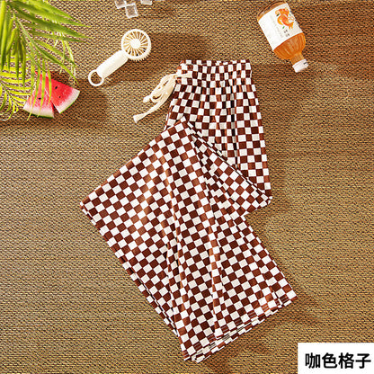 Women Casual Checkerboard Printed Loose Wide-Leg Pants