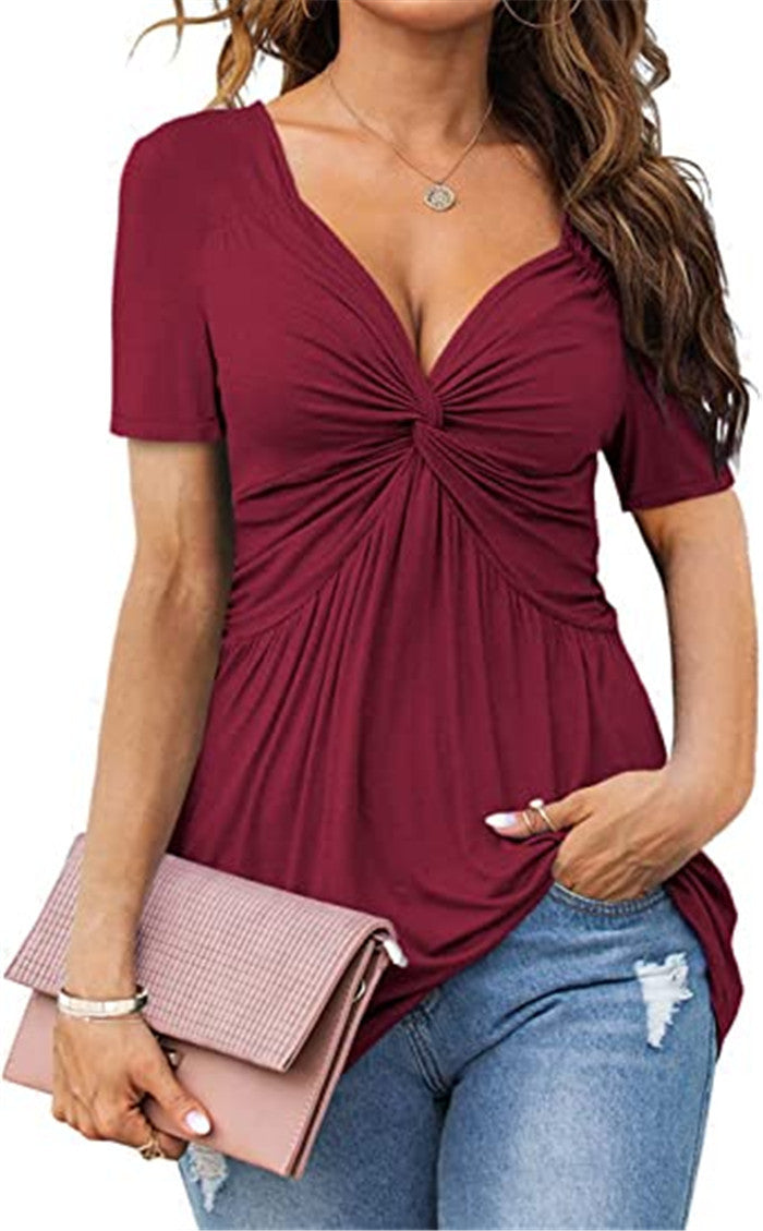 Blusa informal plisada de manga corta con cuello en V y color liso para mujer