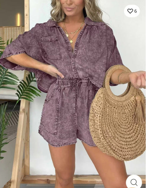 Conjunto de dos piezas de pantalones cortos casuales, holgados y cómodos para mujer