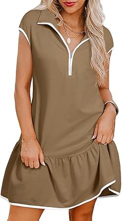 Women Fashion Casual Color Block Short Sleeve Zipper Dress