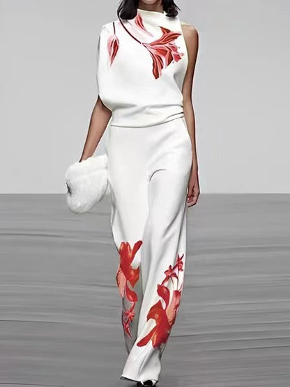 Conjunto de dos piezas con top y pantalones holgados sin mangas con estampado floral informal a la moda para mujer