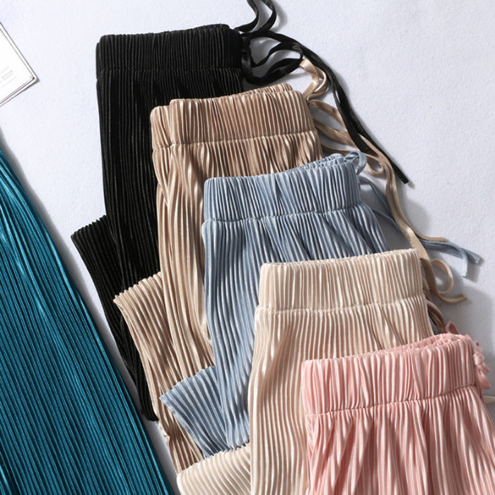 Women Casual Solid Color Pleated Chiffon Wide Leg Pants