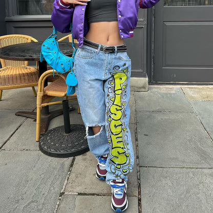 Vaqueros de pierna ancha con estampado de letras rasgadas e informales para mujer